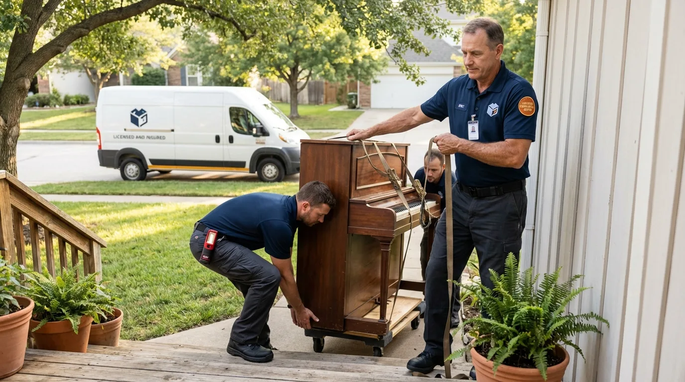 Licensed piano movers securing grand piano in Keene, NH