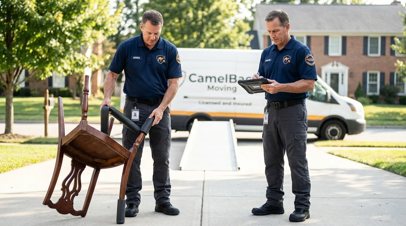Movers inspecting furniture for damage prevention before loading in Keene, NH