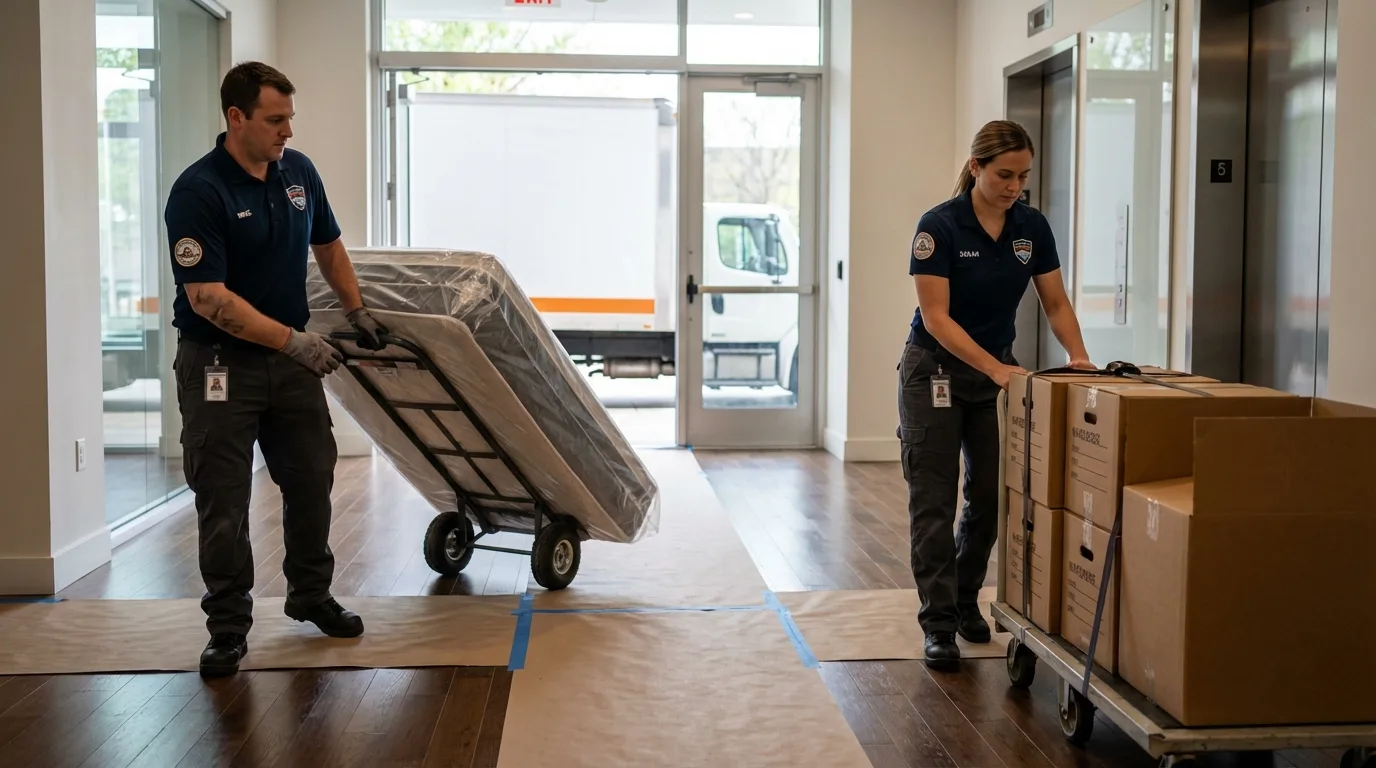 Professional apartment movers loading elevator in Keene, NH