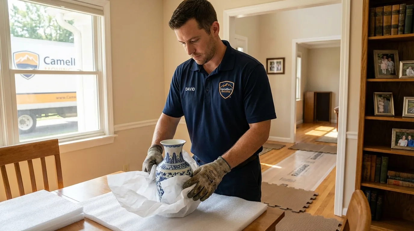 Professional crew carefully wrapping antique vase for senior downsizing move in Keene, NH