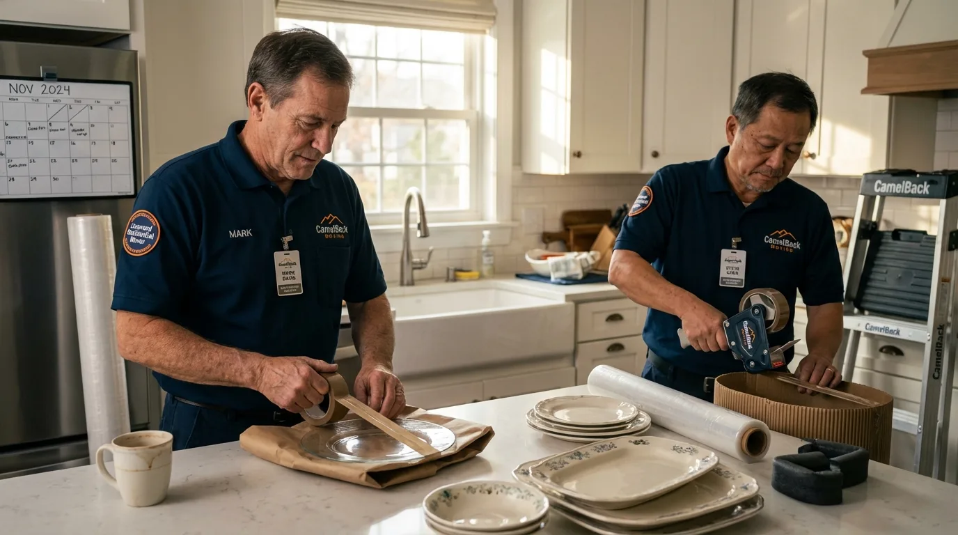 Professional crew packing kitchen dishware in Keene, NH